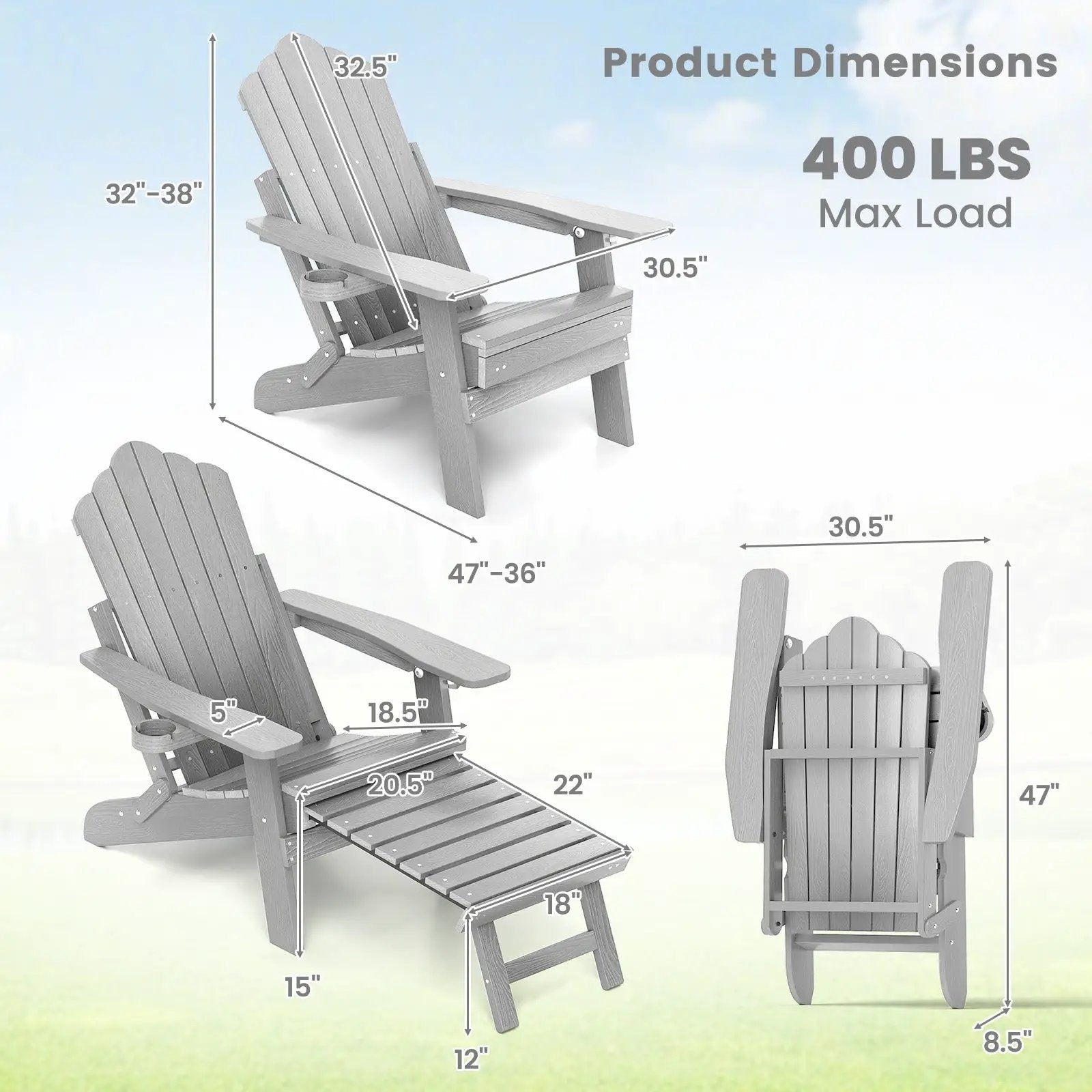 All-Weather HIPS Patio Adirondack Lounge Chair with Retractable Footrest by DirectDeals