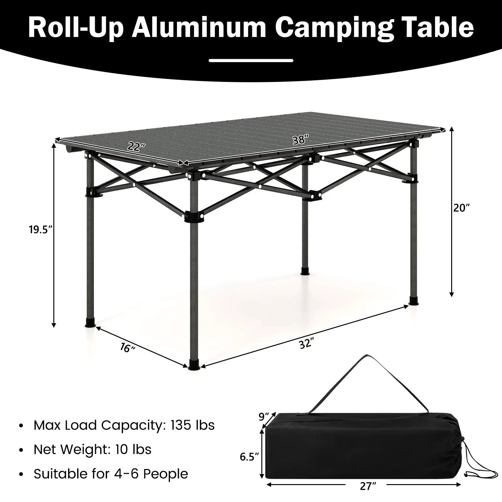 Aluminum Camping Table for 4-6 People with Carry Bag-Black by DirectDeals