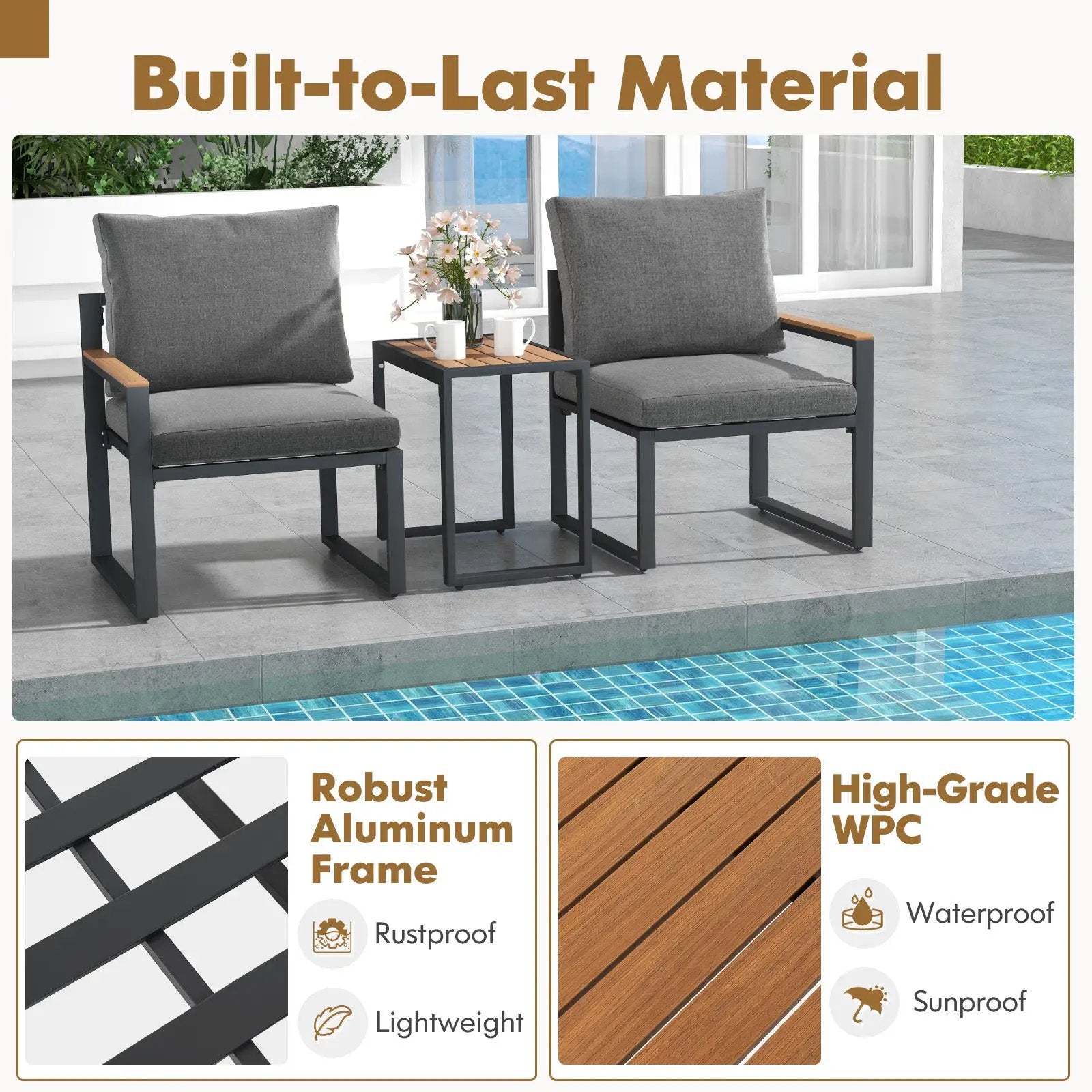 3 Pieces Aluminum Frame Weatherproof Outdoor Conversation Set with Soft Cushions-Gray by DirectDeals