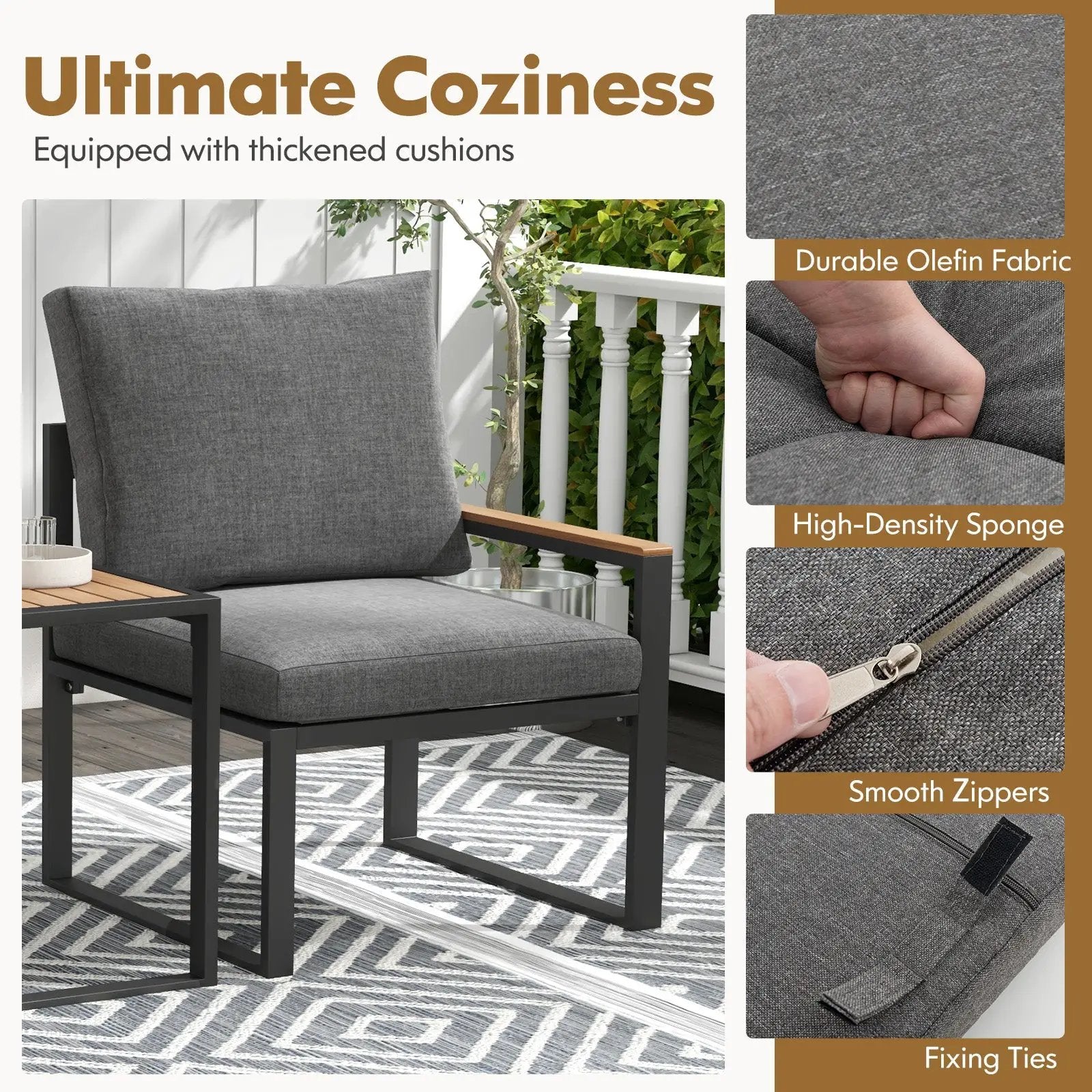3 Pieces Aluminum Frame Weatherproof Outdoor Conversation Set with Soft Cushions-Gray by DirectDeals