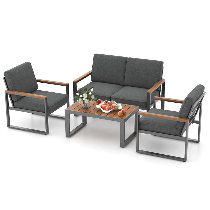 4 Piece Patio Aluminum Furniture Set with Armrests and Tabletop-Gray by DirectDeals