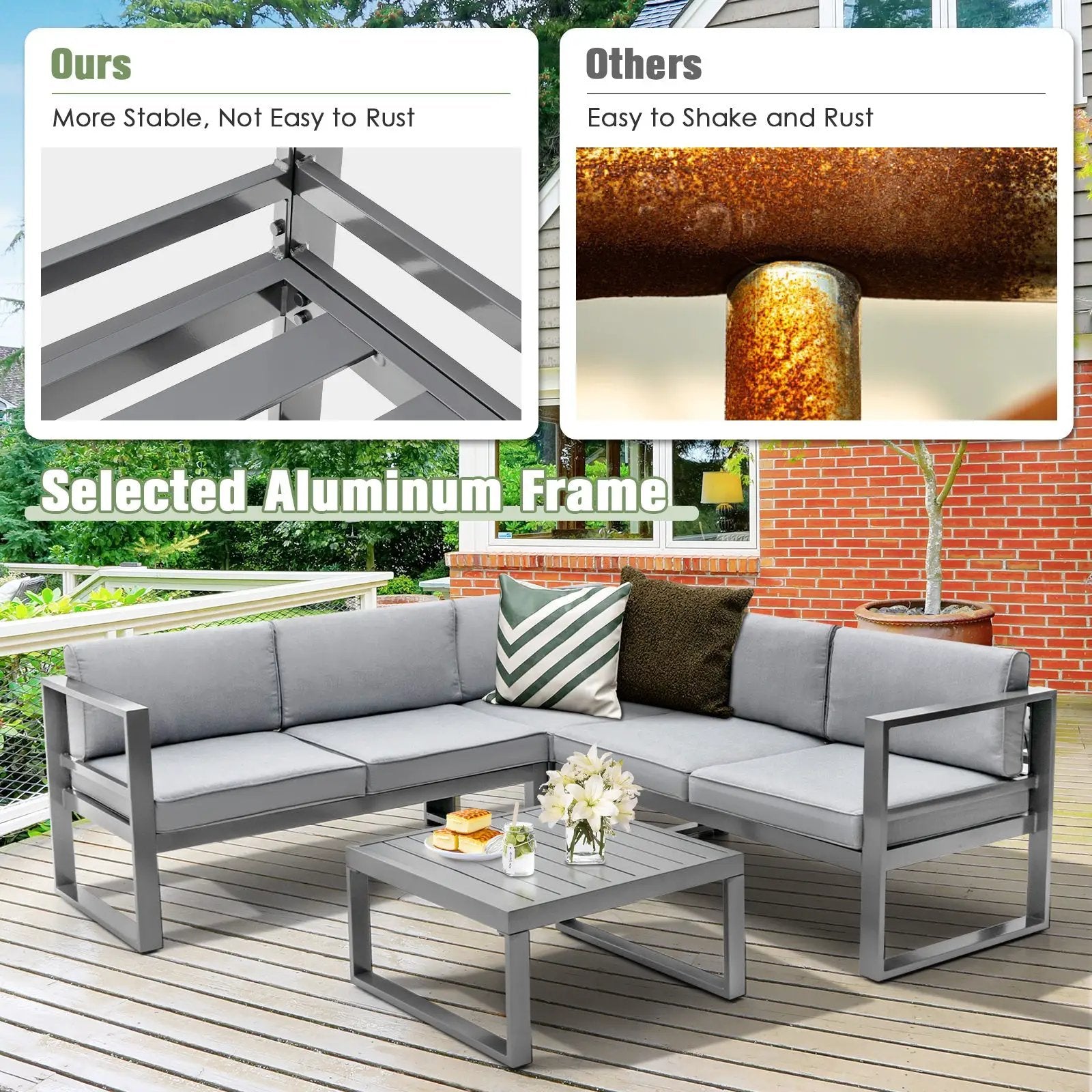 4 Pieces Aluminum Patio Furniture Set with Thick Seat and Back Cushions-Gray by DirectDeals