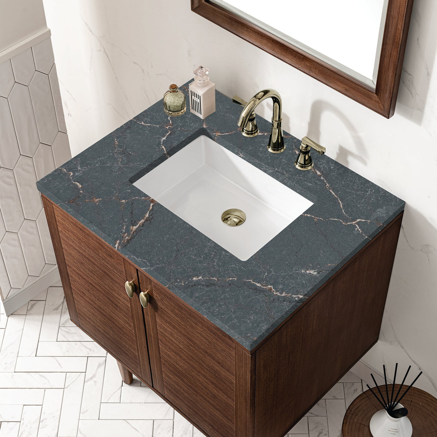 James Martin Amberly 30" Dual Mount Single Bathroom Vanity, Mid-Century Walnut by James Martin