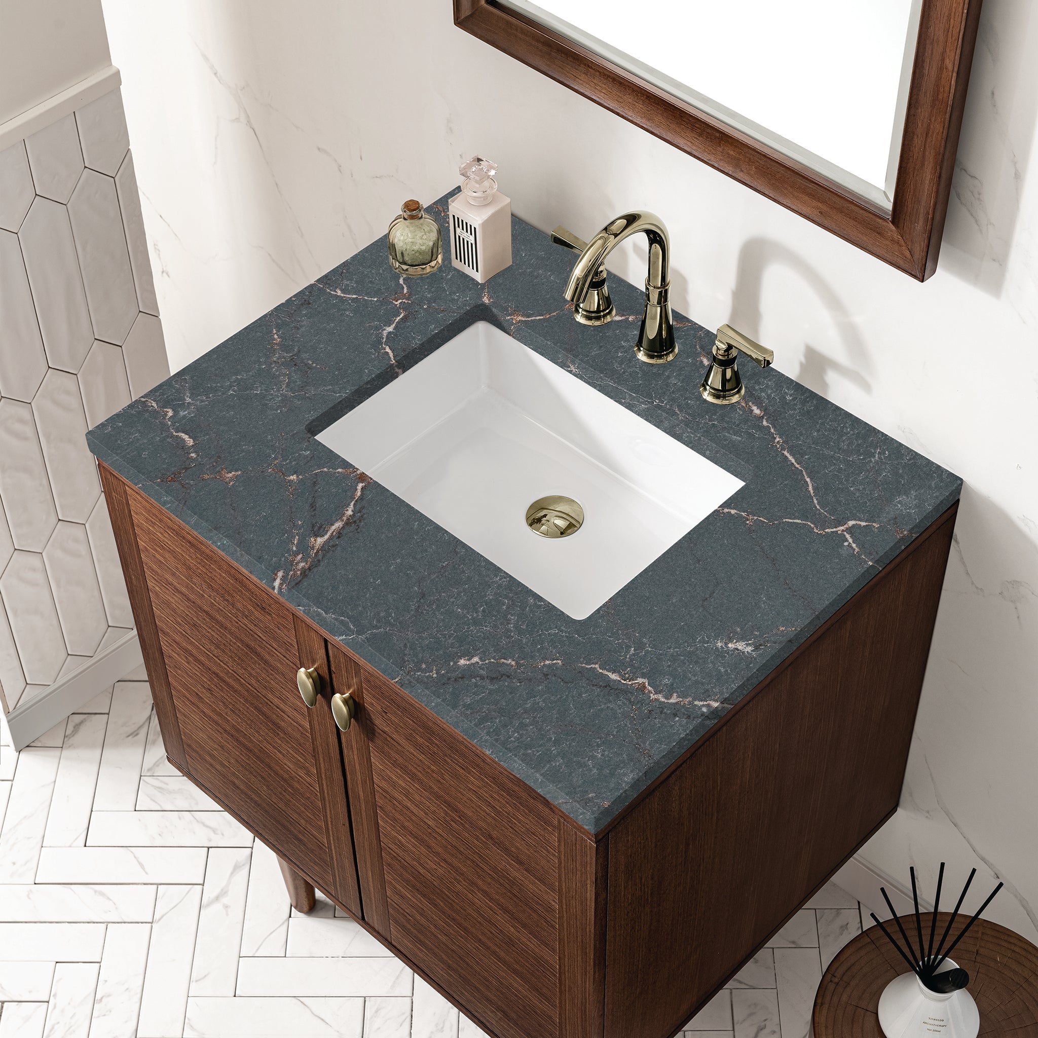 James Martin Amberly 30" Dual Mount Single Bathroom Vanity, Mid-Century Walnut by James Martin