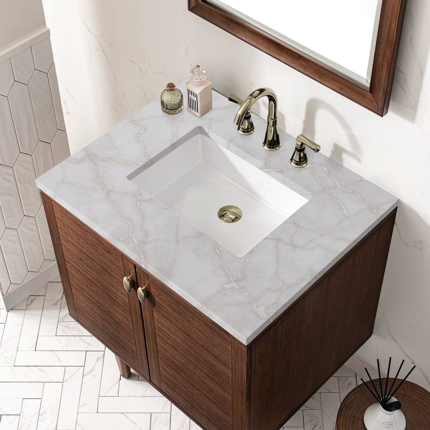 James Martin Amberly 30" Dual Mount Single Bathroom Vanity, Mid-Century Walnut by James Martin