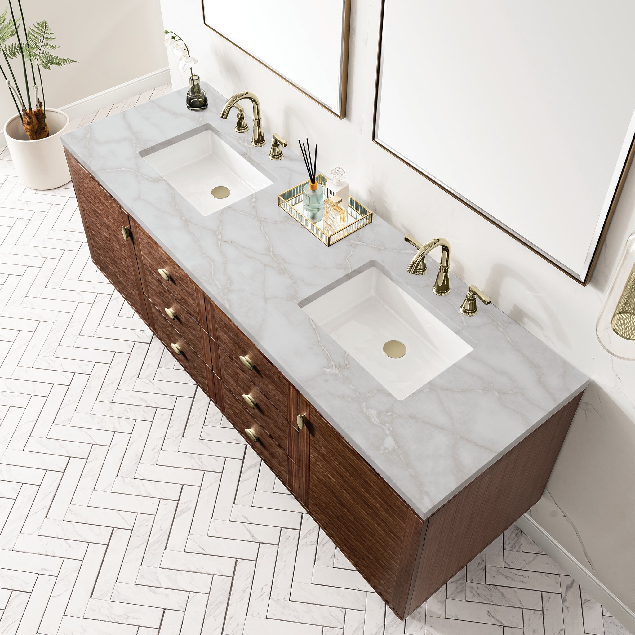 James Martin Amberly 72" Dual Mount Double Bathroom Vanity, Mid-Century Walnut with Victorian Silver countertop