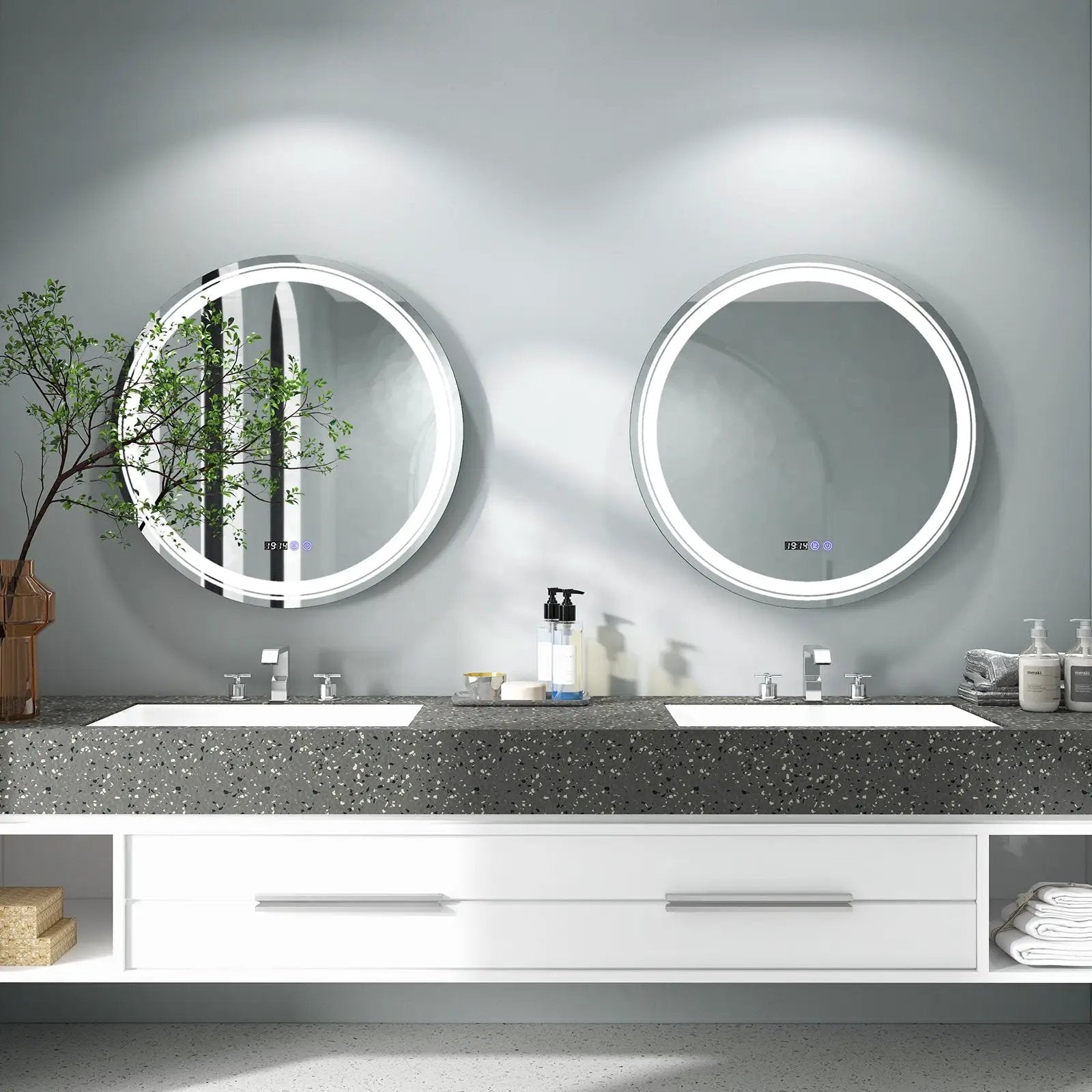 Anti-Fog Round Led Bathroom Mirror with 3 Color LED Lights by DirectDeals