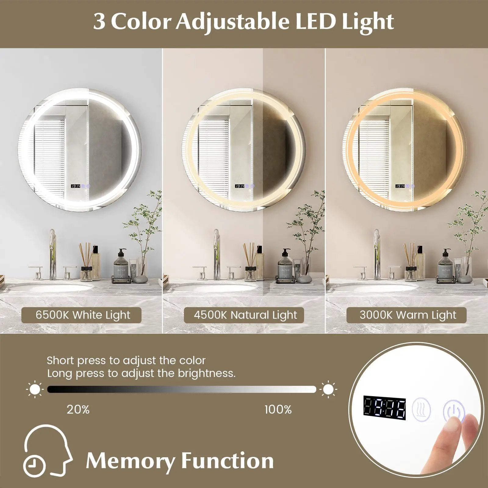 Anti-Fog Round Led Bathroom Mirror with 3 Color LED Lights by DirectDeals