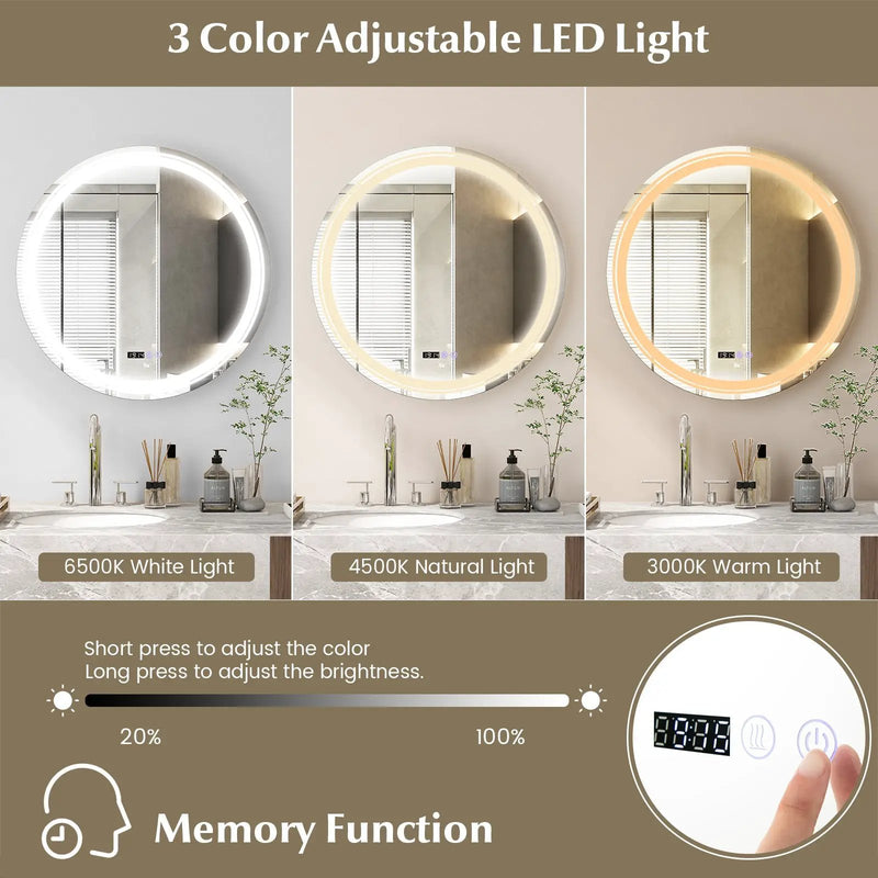 Anti-Fog Round Led Bathroom Mirror with 3 Color LED Lights by DirectDeals