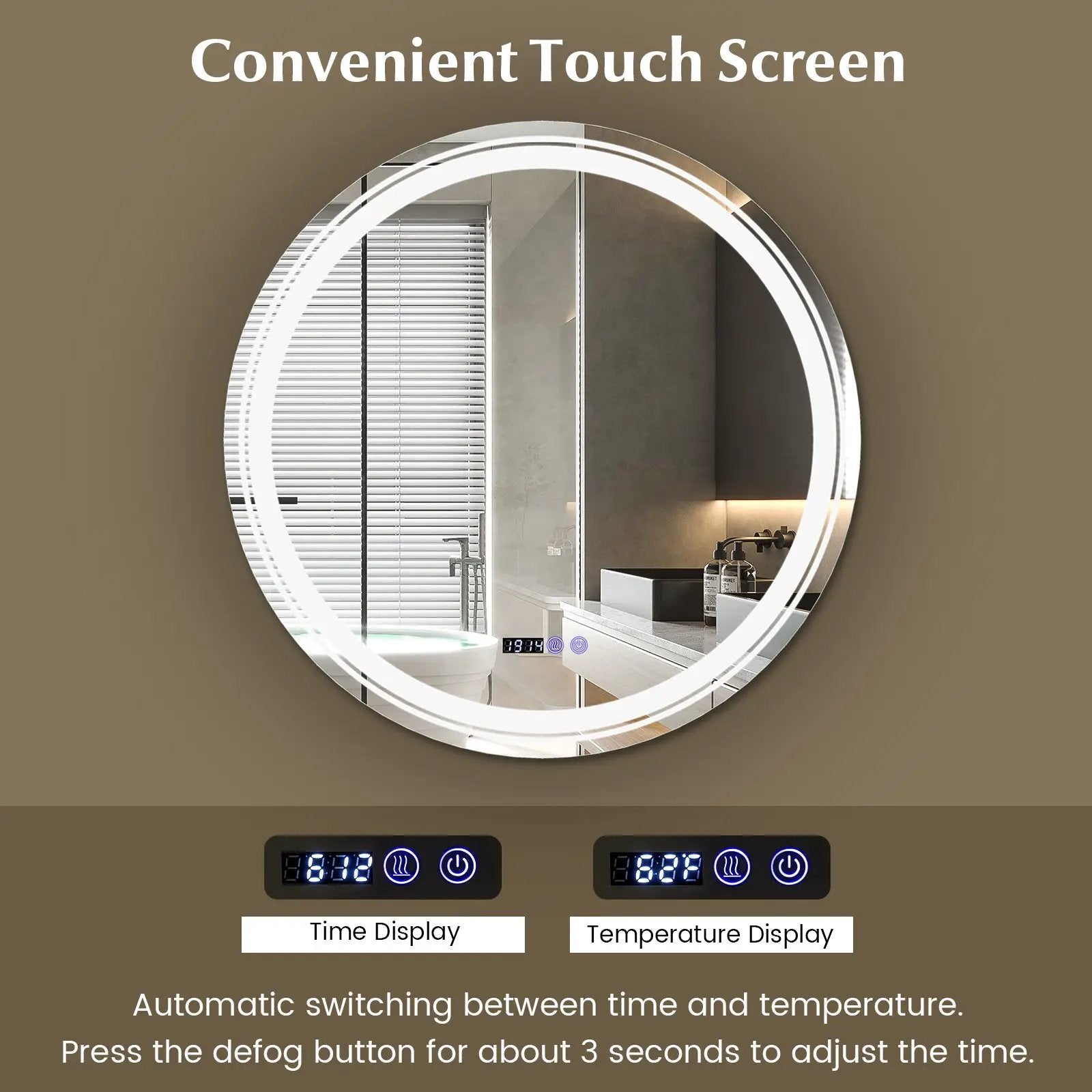 Anti-Fog Round Led Bathroom Mirror with 3 Color LED Lights by DirectDeals