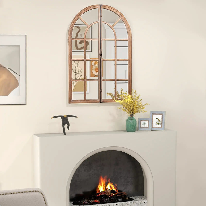 Arched Window Pane Farmhouse Wall Mounted Decorative Mirror-Nature by DirectDeals
