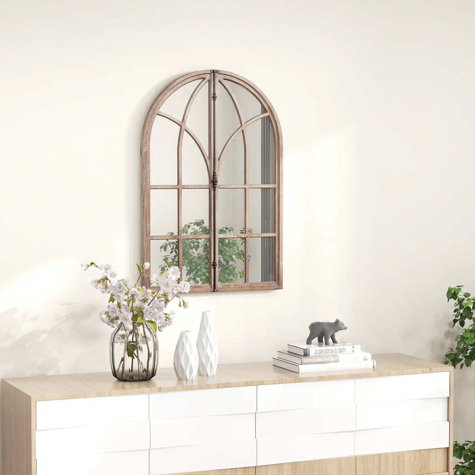 Arched Window Pane Mirror Wall Mounted for Living Room and Entryway-Natural by DirectDeals