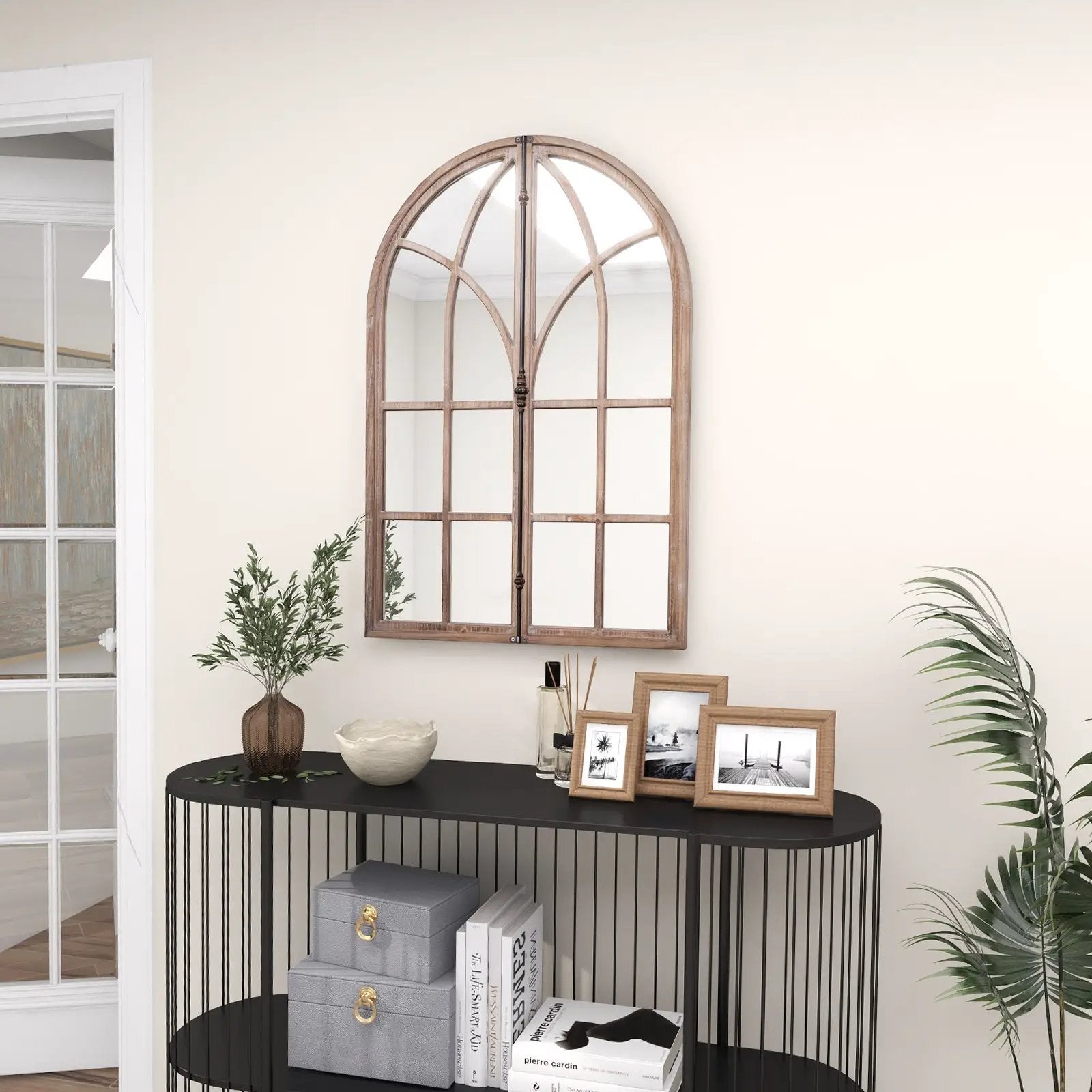 Arched Window Pane Mirror Wall Mounted for Living Room and Entryway-Natural by DirectDeals