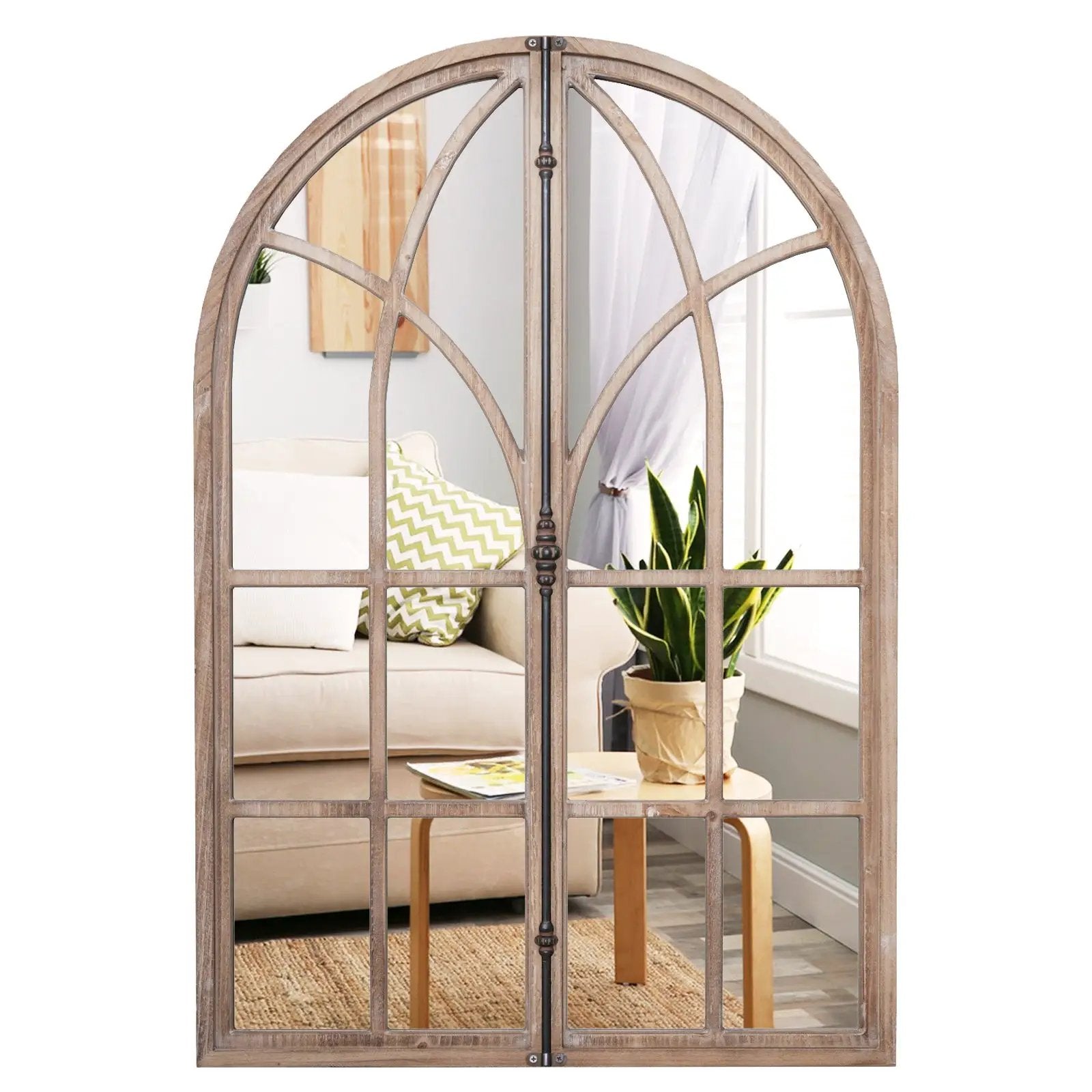 Arched Window Pane Mirror Wall Mounted for Living Room and Entryway-Natural by DirectDeals