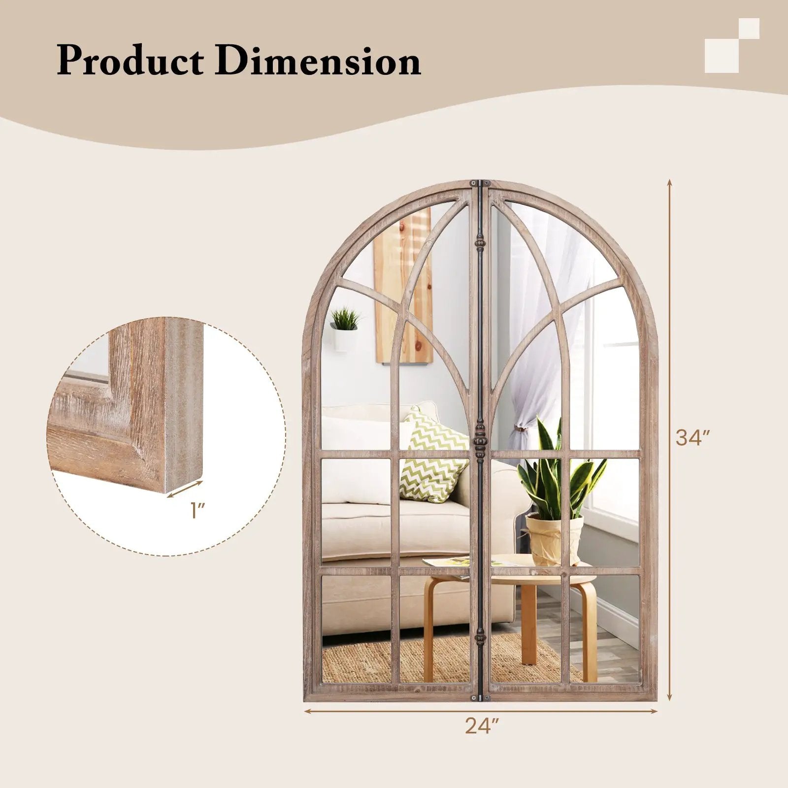 Arched Window Pane Mirror Wall Mounted for Living Room and Entryway-Natural by DirectDeals