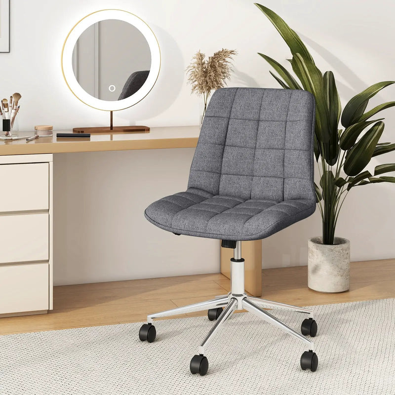 Armless Office Chair Upholstered Makeup Vanity Chair with Adjustable Height and Wheels-Grey by DirectDeals
