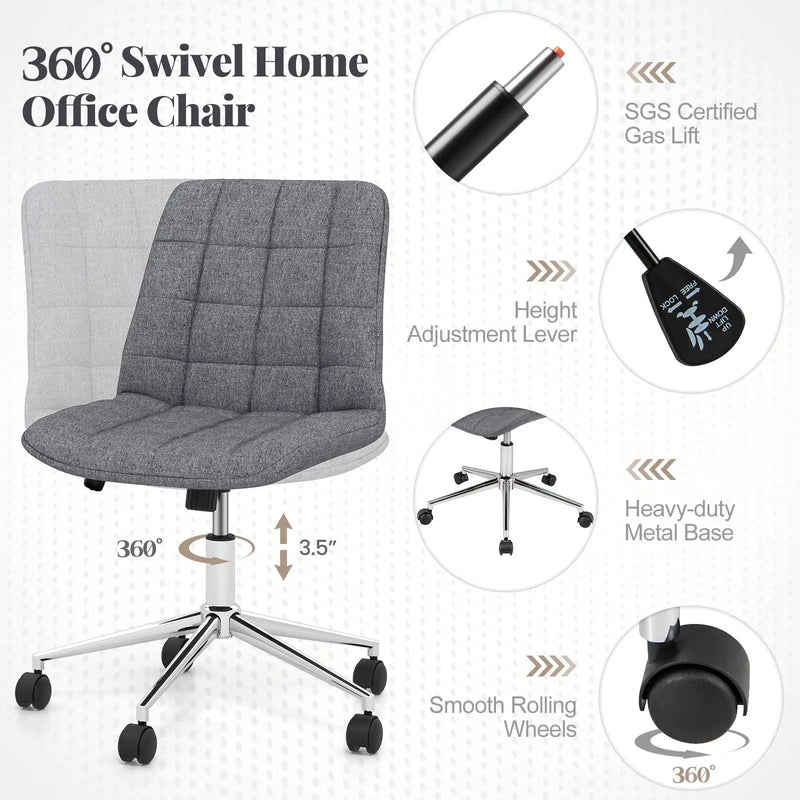 Armless Office Chair Upholstered Makeup Vanity Chair with Adjustable Height and Wheels-Grey by DirectDeals
