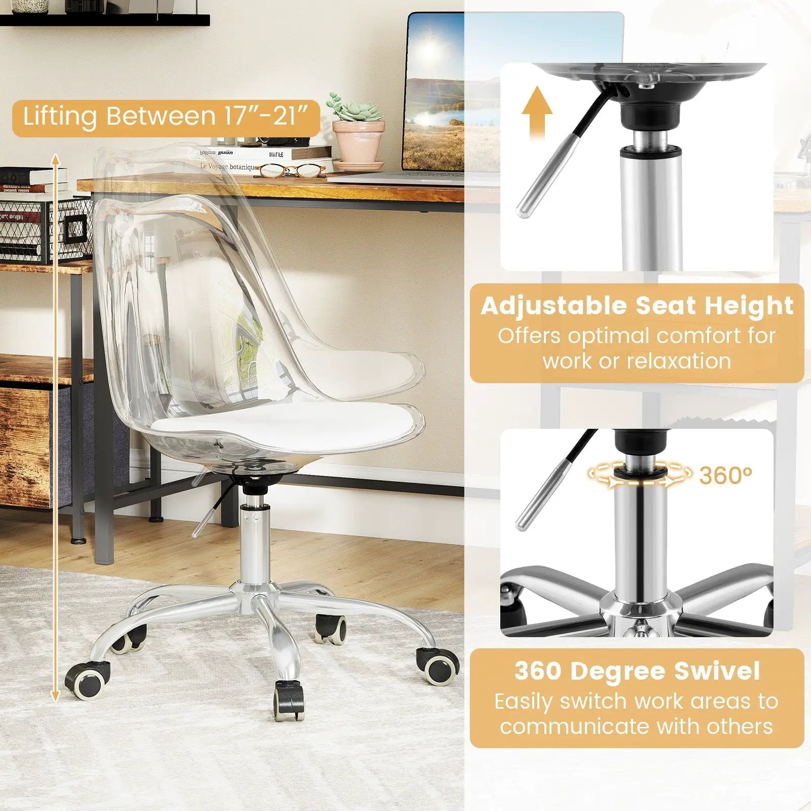 Armless Rolling Office Chair with Swivel Seat and PU Leather Cushion-Clear by DirectDeals