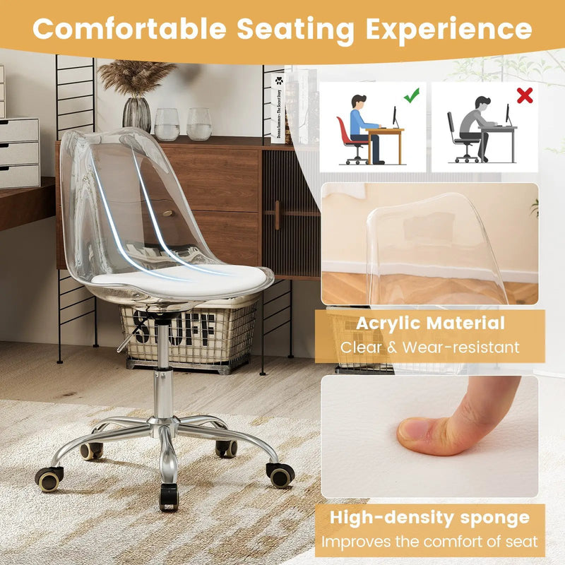 Armless Rolling Office Chair with Swivel Seat and PU Leather Cushion-Clear by DirectDeals