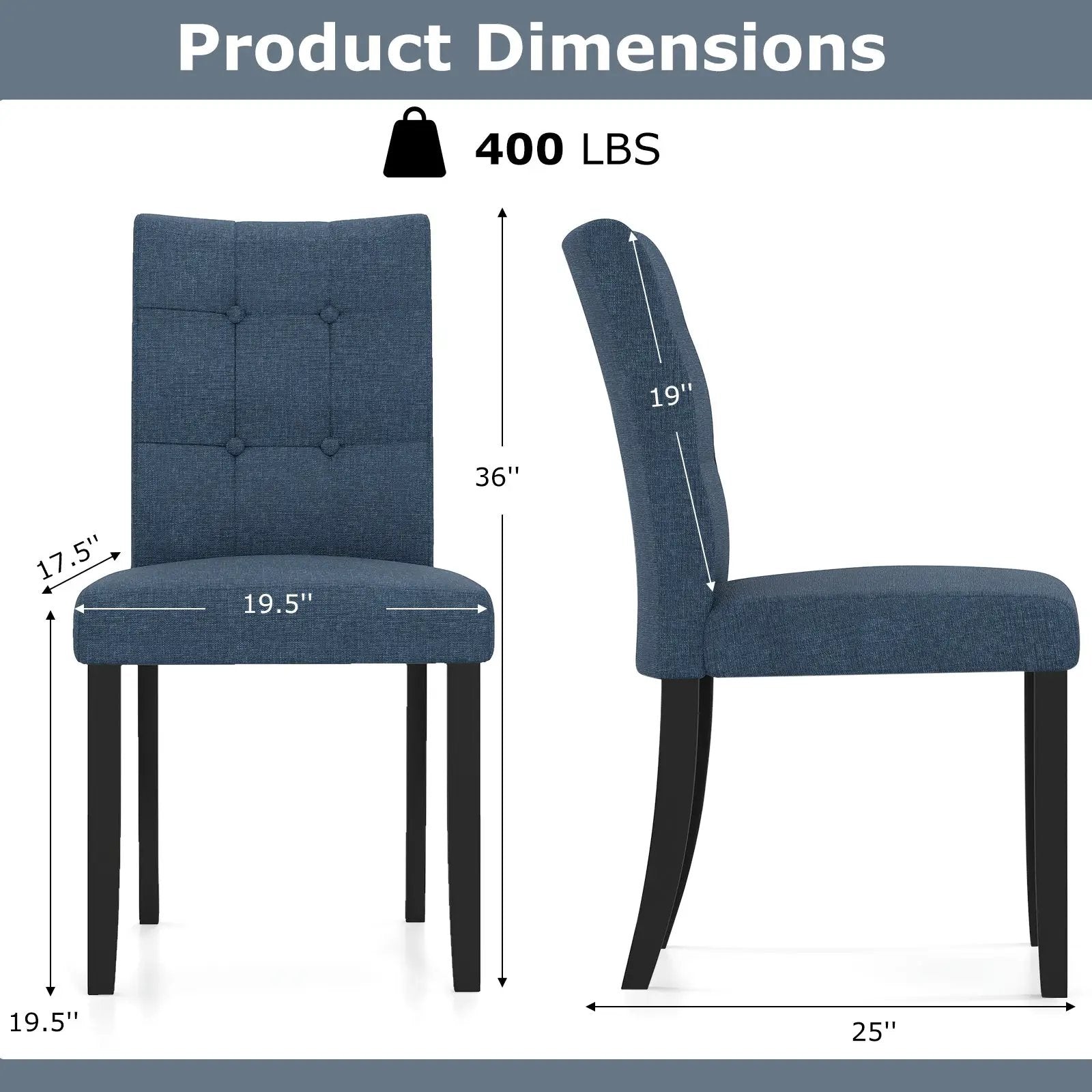 Set of 2 Tufted Dining Chairs Armless with Rubber Wood Legs-Dark Blue by DirectDeals