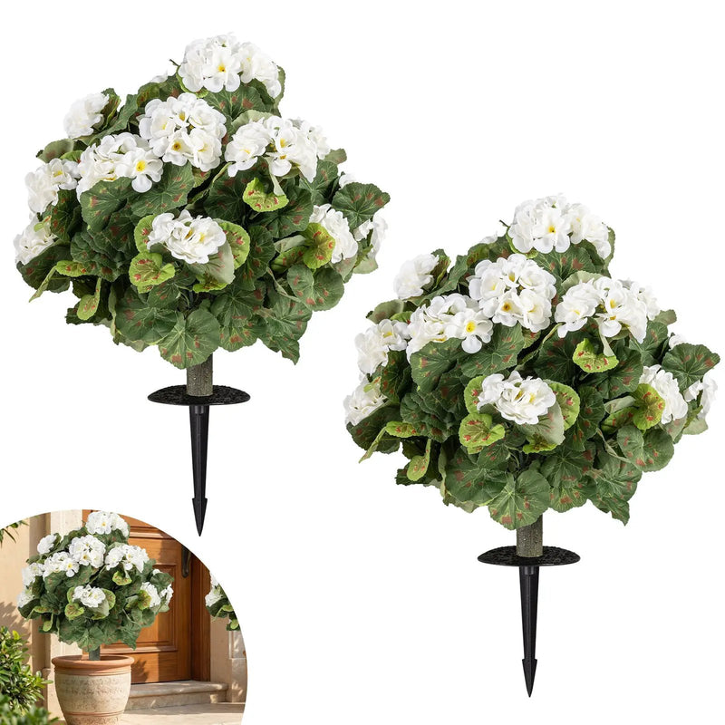 Artificial Begonia Ball Trees Set of 2 13 inch Fake Evergreen Shrubs with Ground Spikes-White by DirectDeals