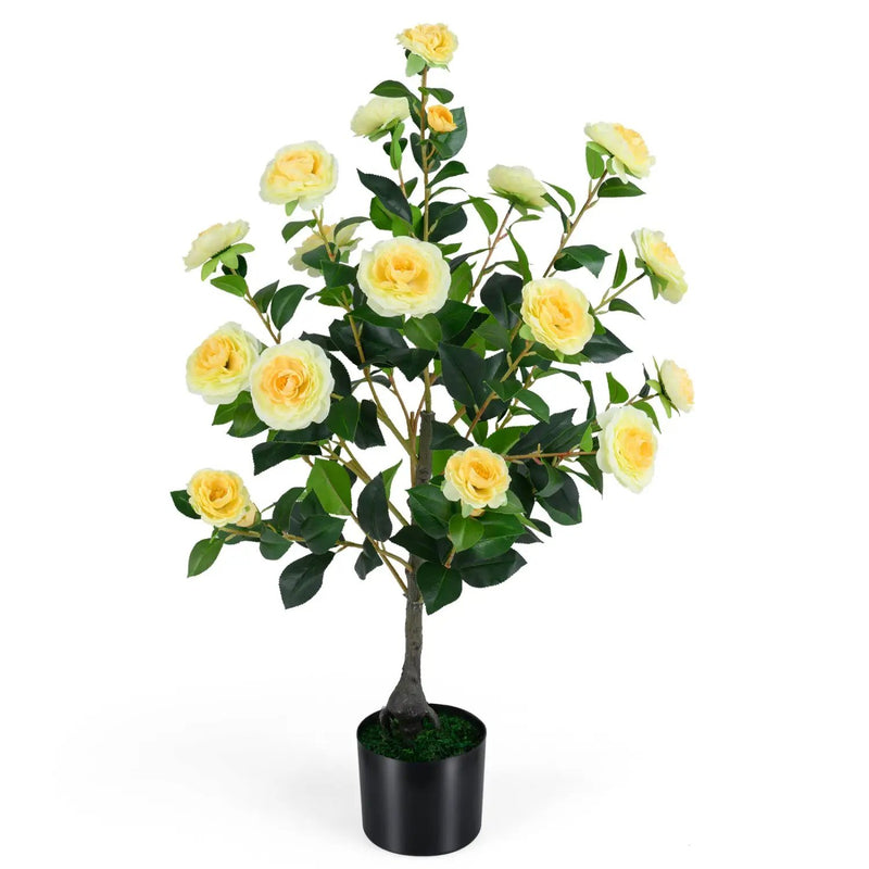 Artificial Camellia Tree Faux Flower Plant in Cement-Filled Pot by DirectDeals