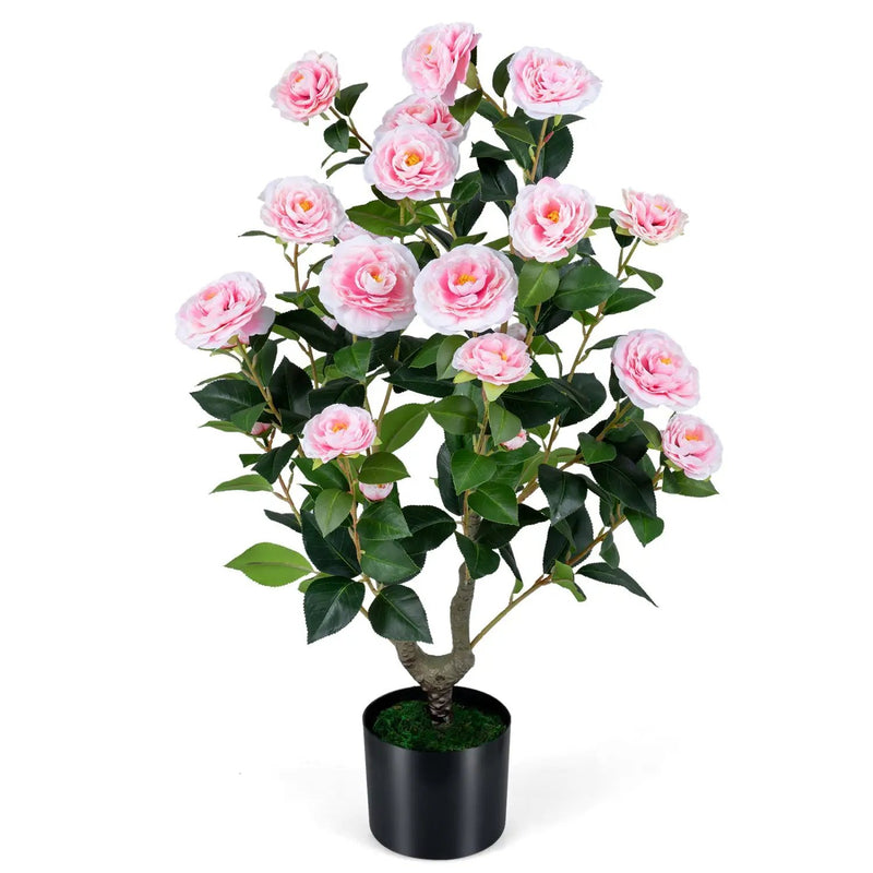 Artificial Camellia Tree Faux Flower Plant in Cement-Filled Pot by DirectDeals