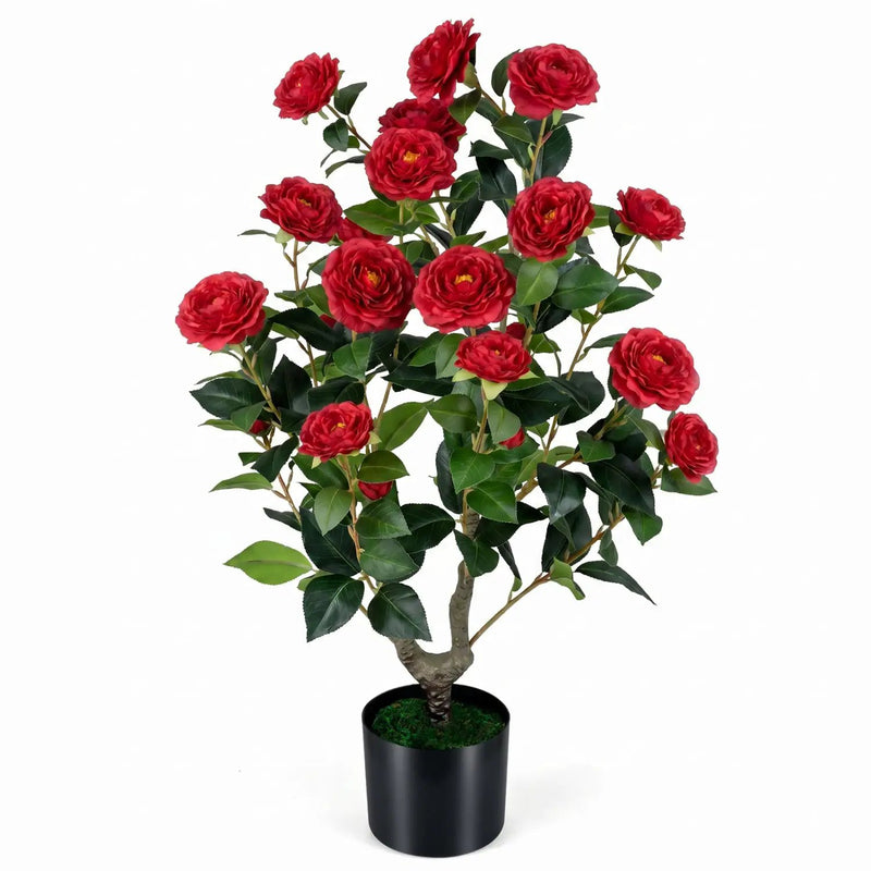 Artificial Camellia Tree in Cement Pot 35.5" Faux Flower Plant by DirectDeals