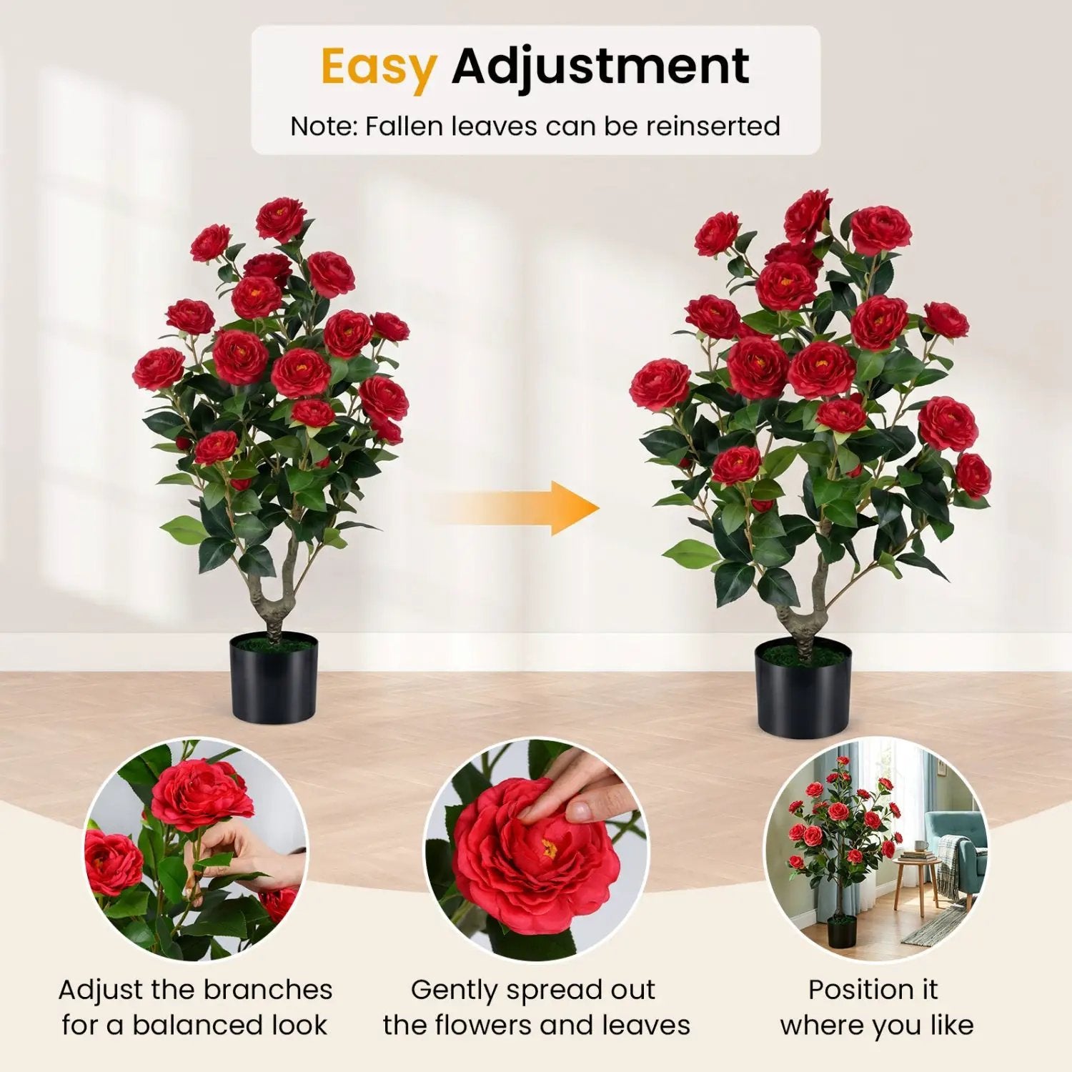 Artificial Camellia Tree in Cement Pot 35.5" Faux Flower Plant by DirectDeals