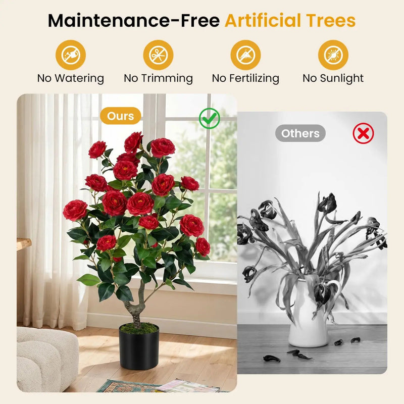 Artificial Camellia Tree in Cement Pot 35.5" Faux Flower Plant by DirectDeals