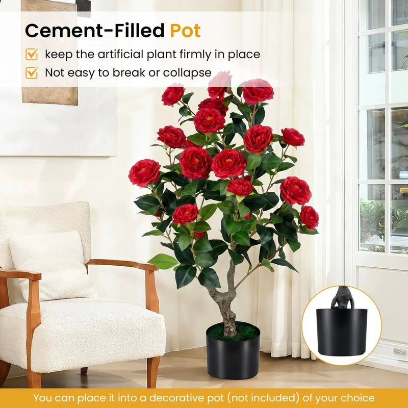 Artificial Camellia Tree in Cement Pot 35.5" Faux Flower Plant by DirectDeals