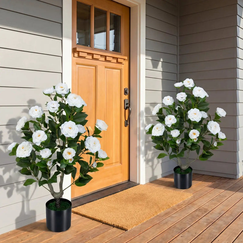 Artificial Camellia Tree in Cement Pot 35.5" Faux Flower Plant by DirectDeals