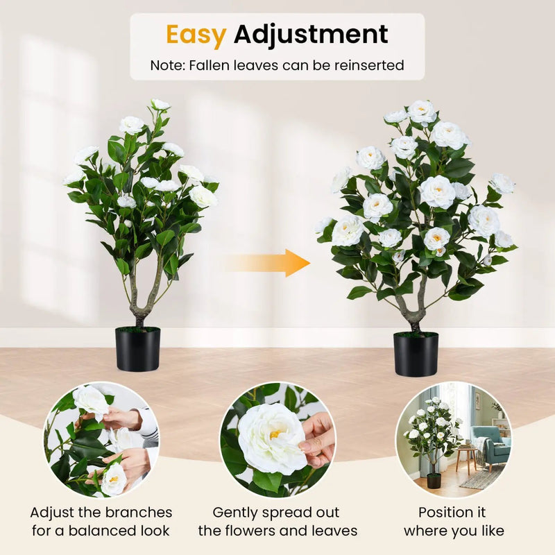 Artificial Camellia Tree in Cement Pot 35.5" Faux Flower Plant by DirectDeals