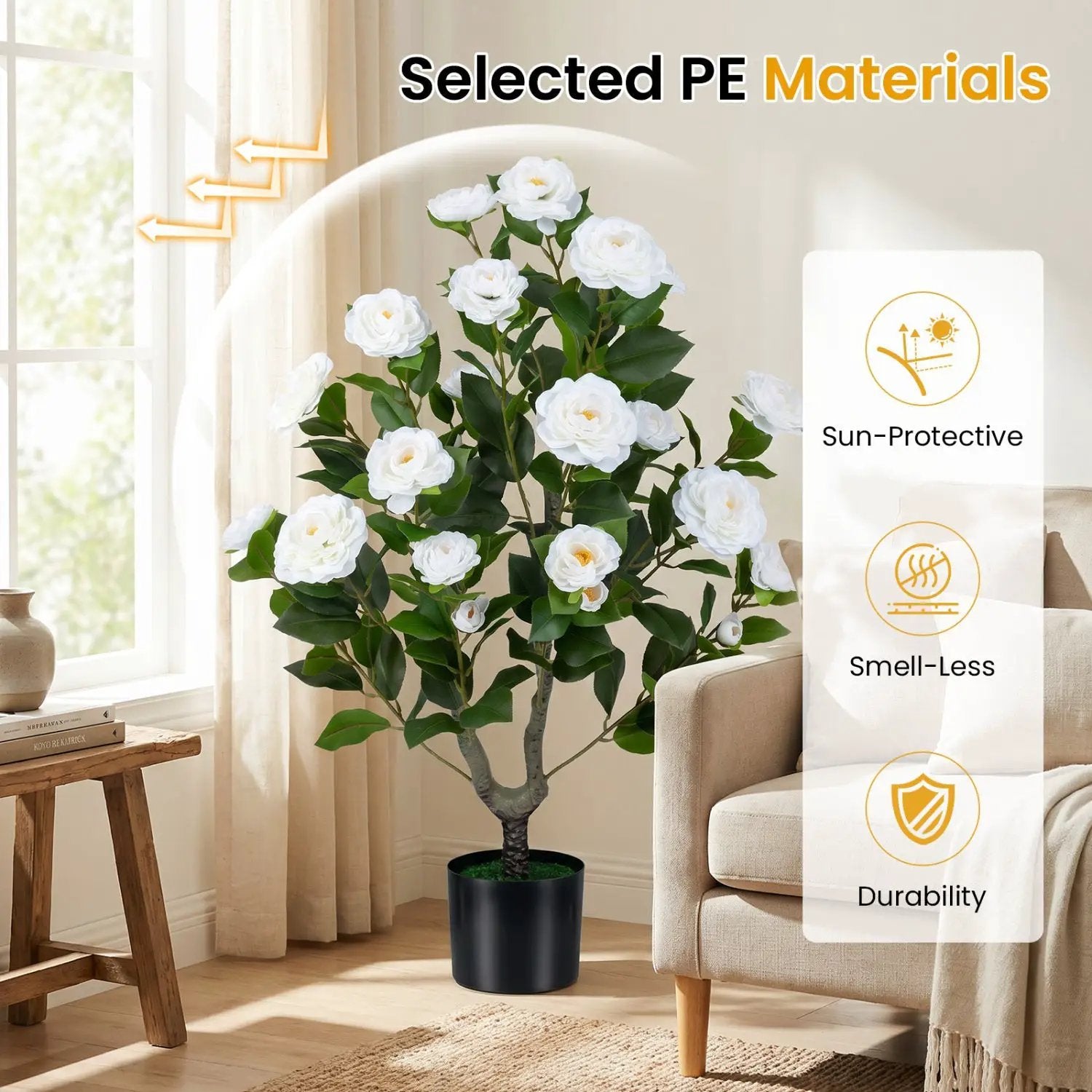 Artificial Camellia Tree in Cement Pot 35.5" Faux Flower Plant by DirectDeals