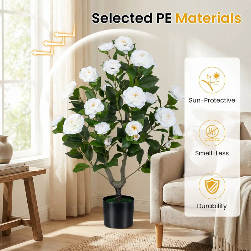 Artificial Camellia Tree in Cement Pot 35.5" Faux Flower Plant by DirectDeals