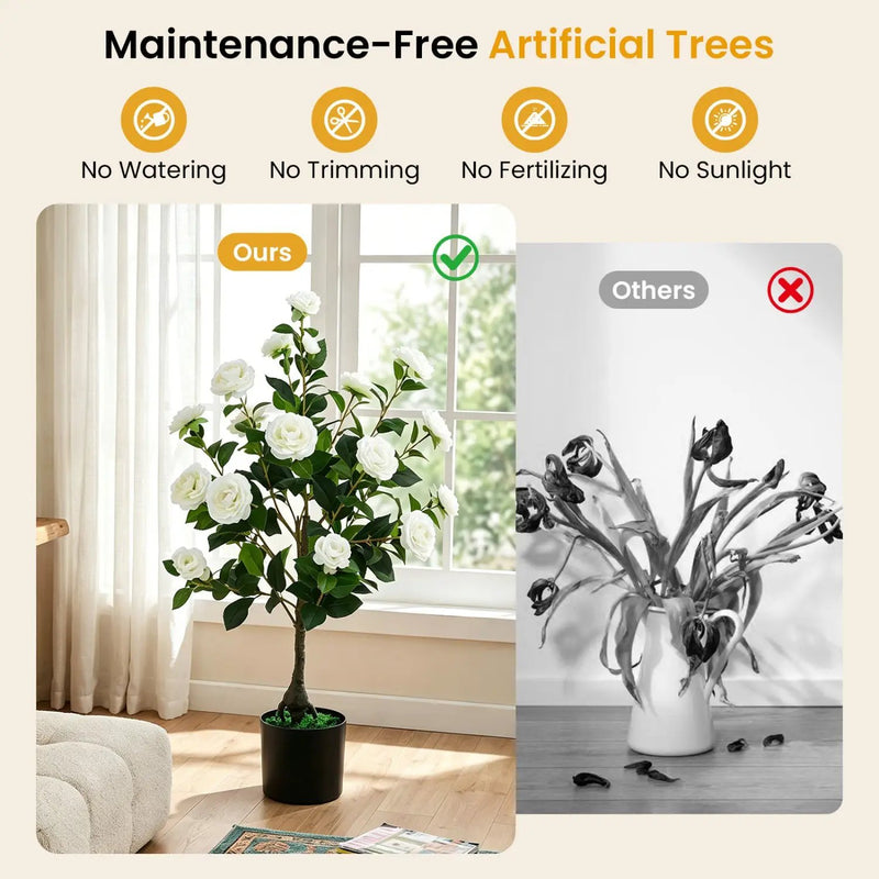 Artificial Camellia Tree in Cement Pot 35.5" Faux Flower Plant by DirectDeals