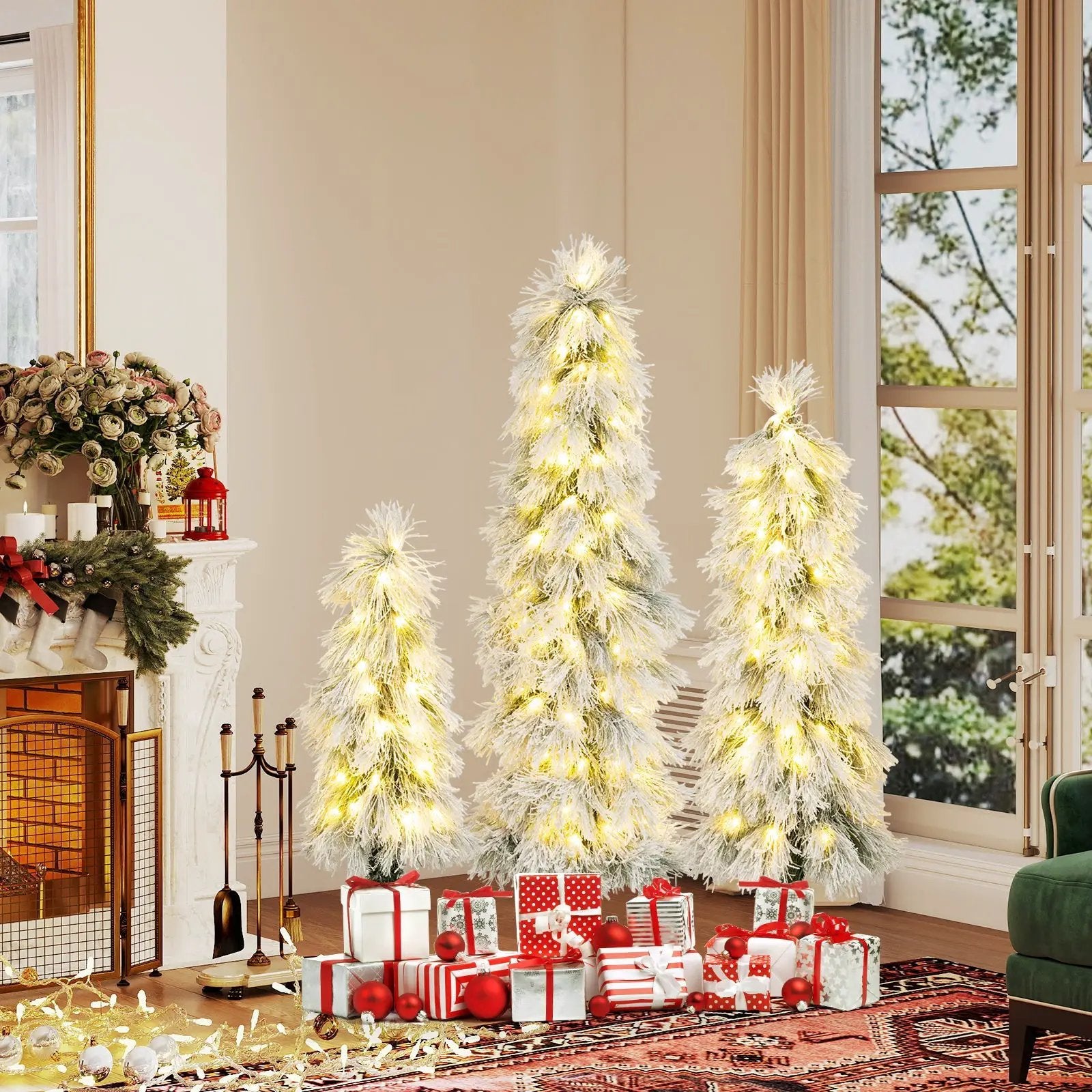 Artificial Christmas Tree Set of 3 with Snow-flocked Branch Tips and LED Lights by DirectDeals