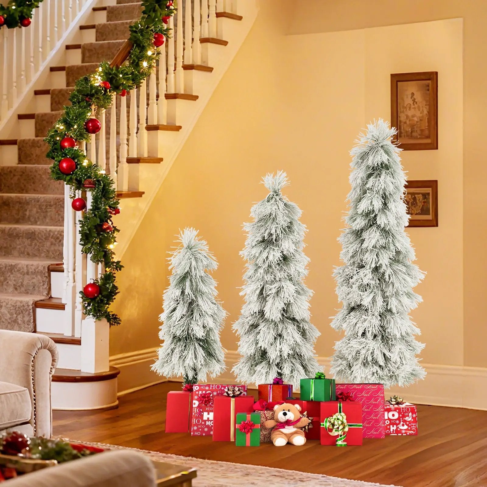 Artificial Christmas Tree Set of 3 with Snow-flocked Branch Tips and LED Lights by DirectDeals