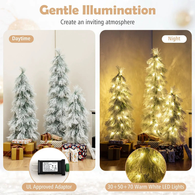 Artificial Christmas Tree Set of 3 with Snow-flocked Branch Tips and LED Lights by DirectDeals