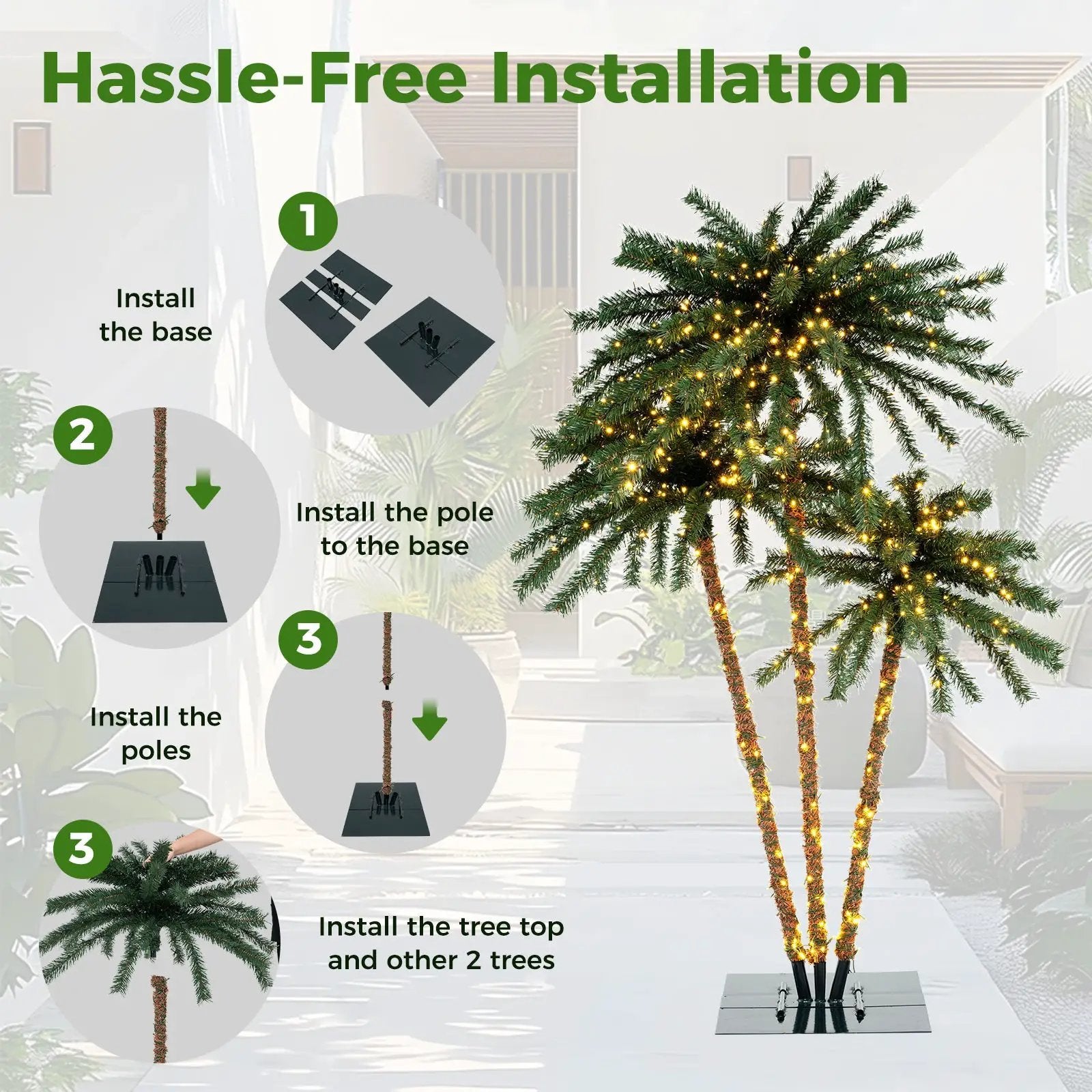 Artificial Lighted Palm Tree with Metal Base 157 Branch Tips and 930 Warm White LED Lights by DirectDeals