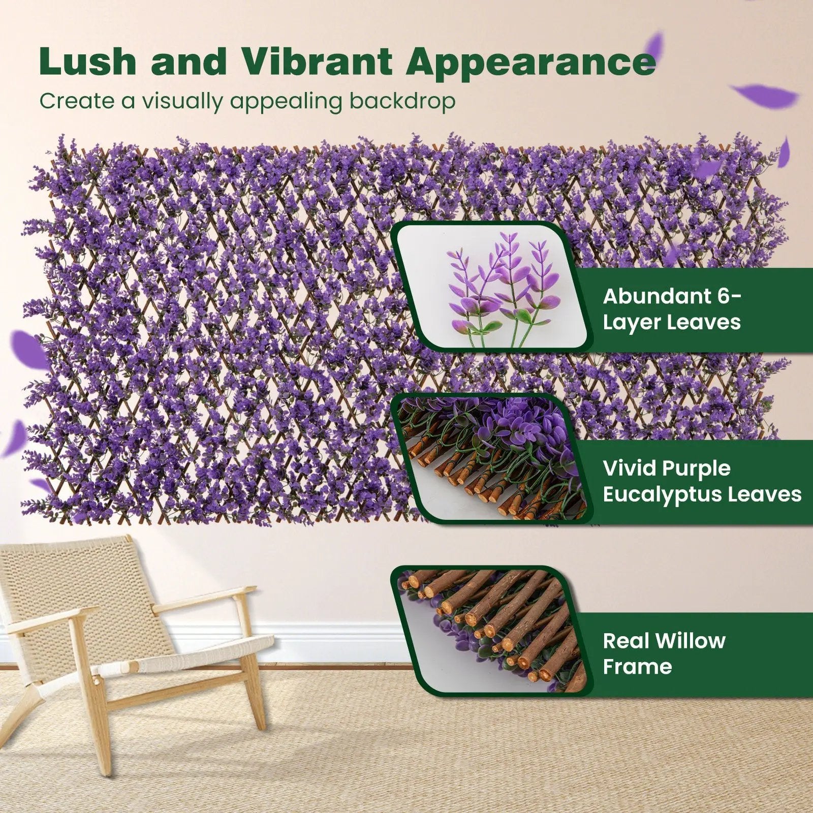 Decorative Faux Purple Eucalyptus Fencing Panel with Real Willow Frame for Balcony Patio by DirectDeals