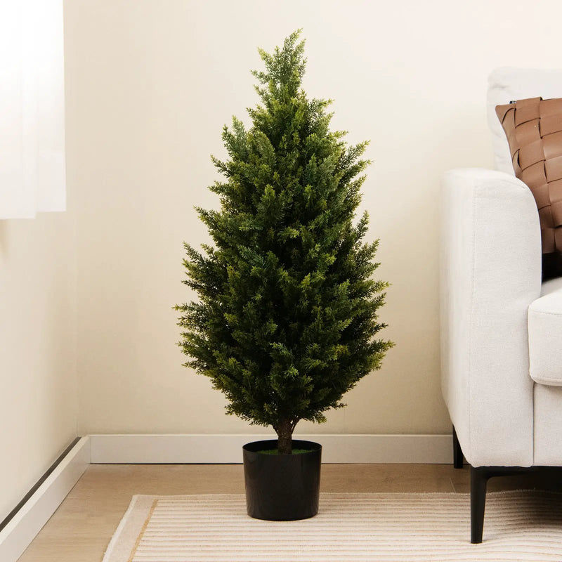 3 Feet Artificial Topiary Cedar Tree with Cement Plastic Pot and Faux Moss-Green by DirectDeals
