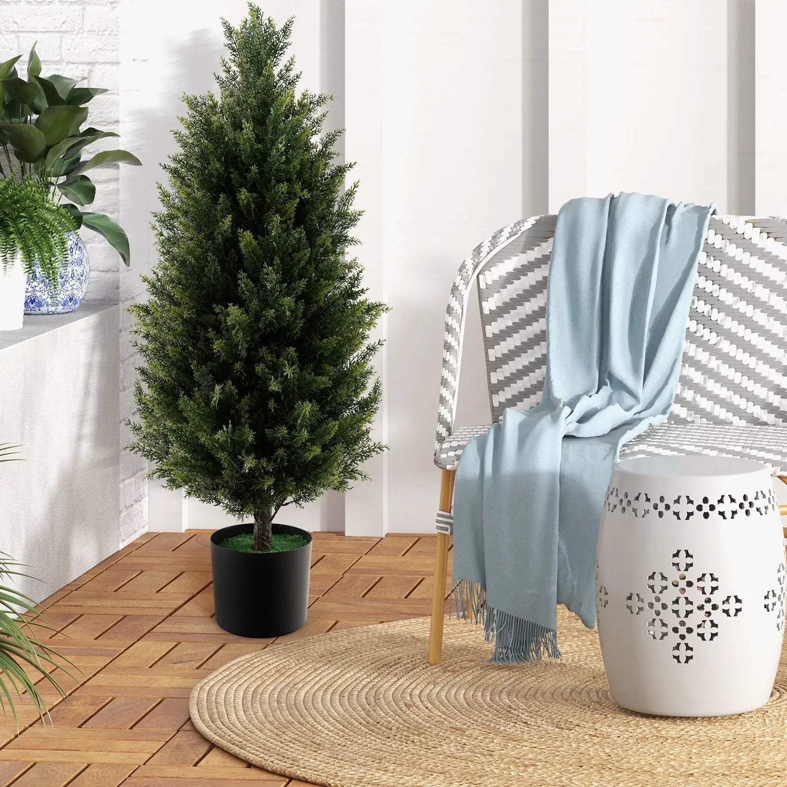 3 Feet Artificial Topiary Cedar Tree with Cement Plastic Pot and Faux Moss-Green by DirectDeals