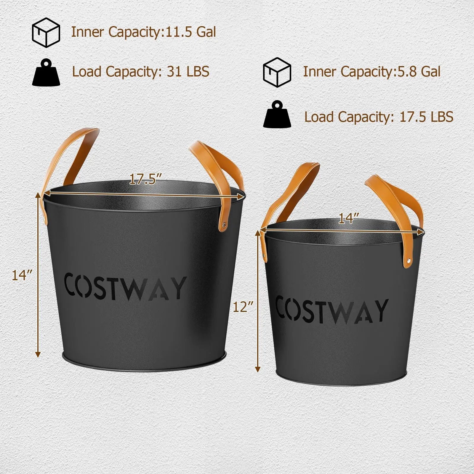 Ash Bucket Set of 2 Metal Coal Ash Can Set with 11.5 Gal and 8.5 Gal Bucket for Fireplace Fire Pits by DirectDeals