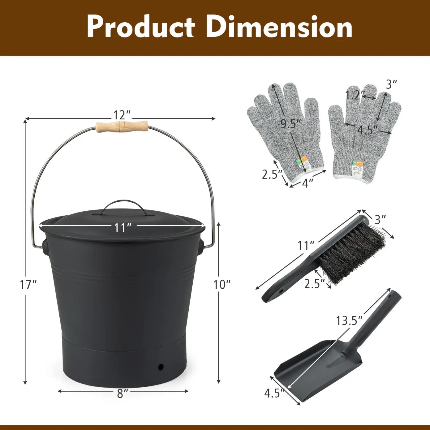 Ash Bucket with Lid and Cut-resistant Gloves by DirectDeals
