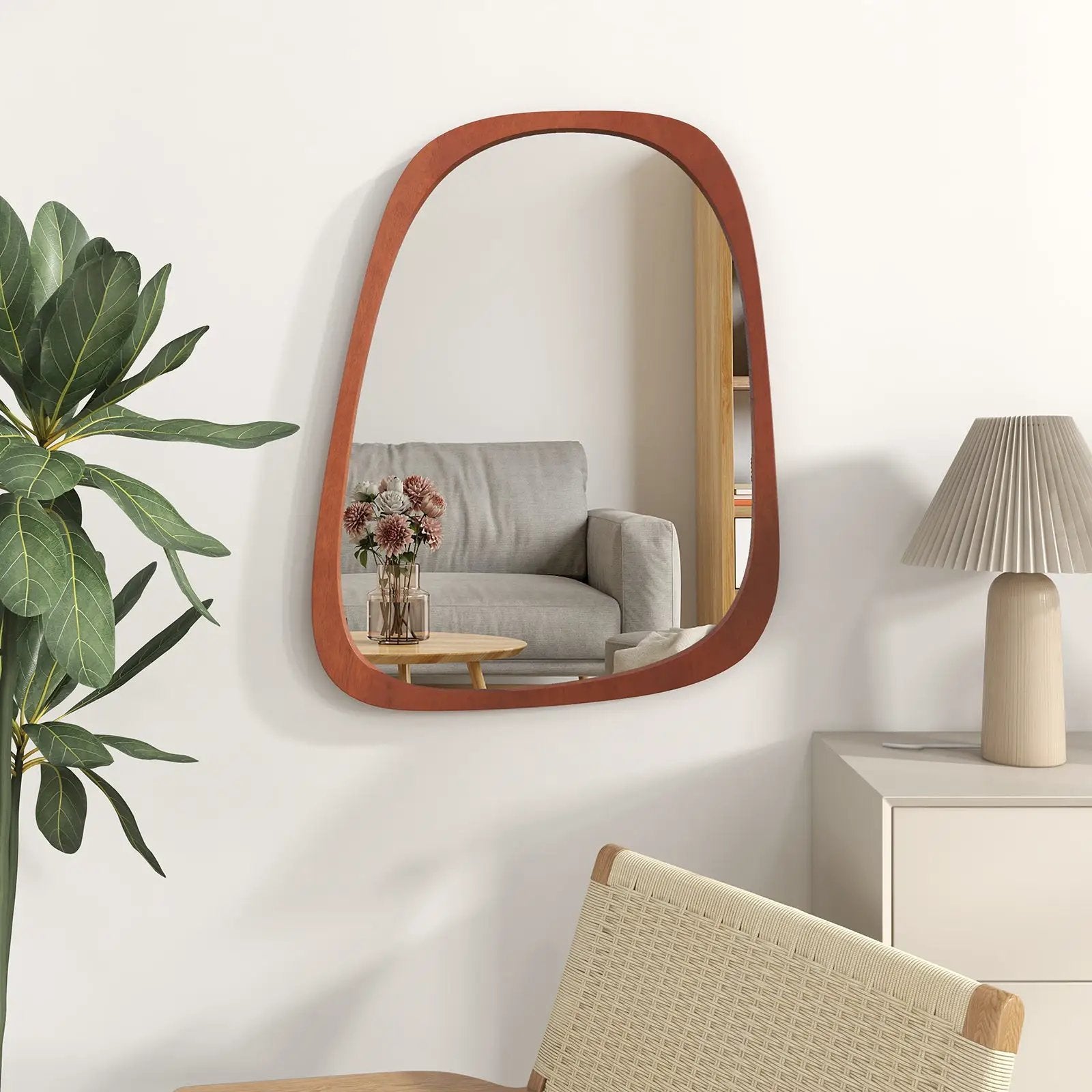 Asymmetrical Abstract Irregular Shaped Wall Mirror with Rustic Frame-Natural by DirectDeals