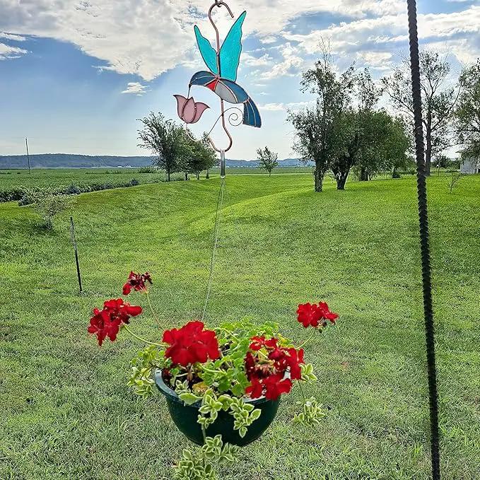 Plant Hanger Hook - Hummingbird with Pink Flower - Stained Glass Sun Catcher Plant Hook for Indoor and Outdoor Use - Copper S Hooks Top and Bottom by GreenHaven Gardens