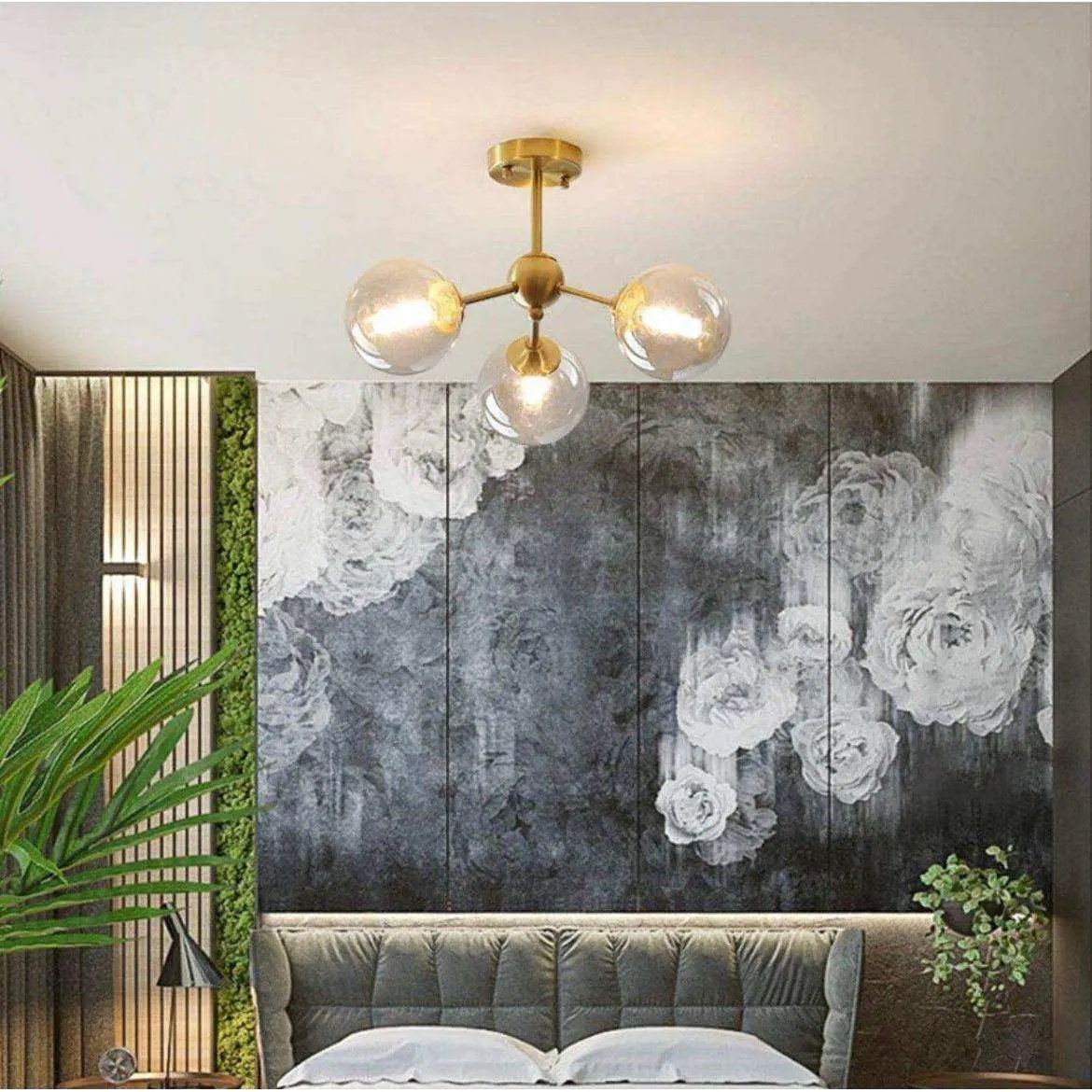 KCO Lighting Glass Globe Sputnik Chandelier 3-Light Brass Gold Close to Ceiling Light Mid Century Flush Mount Ceiling Light for Kitchen Island Bedroom Bathroom (3-Lights) by Selzalot