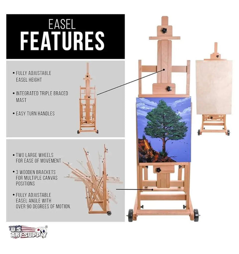 Open Box U.S. Art Supply Mastel Multi-Function Studio Artist Wooden Floor Easel - Large Adjustable H-Frame, Tilts Flat, Mast Adjusts to 97" High - Stu by Selzalot