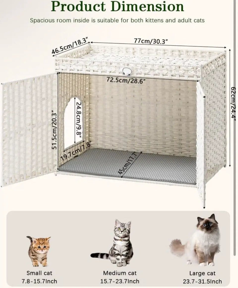 Brand New SETVSON Cat Litter Box Enclosure Furniture, Handwoven Rattan Hidden Litter Box with Mat, Large Space Cat House with 2 S-Shaped Hooks 30.3 x 18.3 x 24.4 Inches, Indoor for Living Room Apartment White PABLO by Selzalot